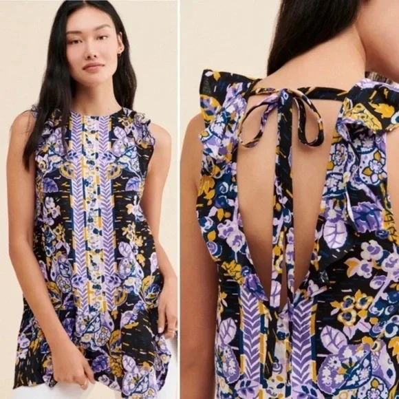 Free People Summer In Tulum Boho Linen Tunic Top Mini Dress Black Purple Medium - Picture 6 of 13